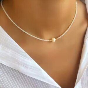 Dainty White Beaded Choker w/freshwater pearl Summer Necklace Non-tarnish Gold